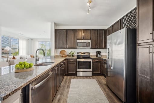 A modern kitchen with dark wood cabinets and stainless steel appliances at Aspire Apollo, Camp Springs, Maryland