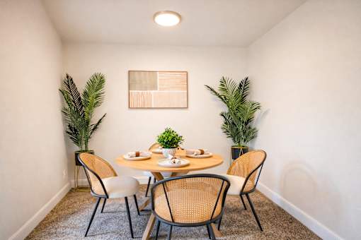 A dining room with a table set for two and a plant on each side ighland Ridge Apartments, Capitol Heights, MD, 20743