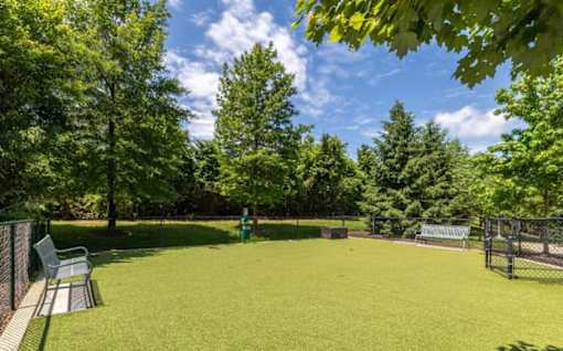 A green lawn with trees and a bench at Mira Upper Rock, Maryland, 20850