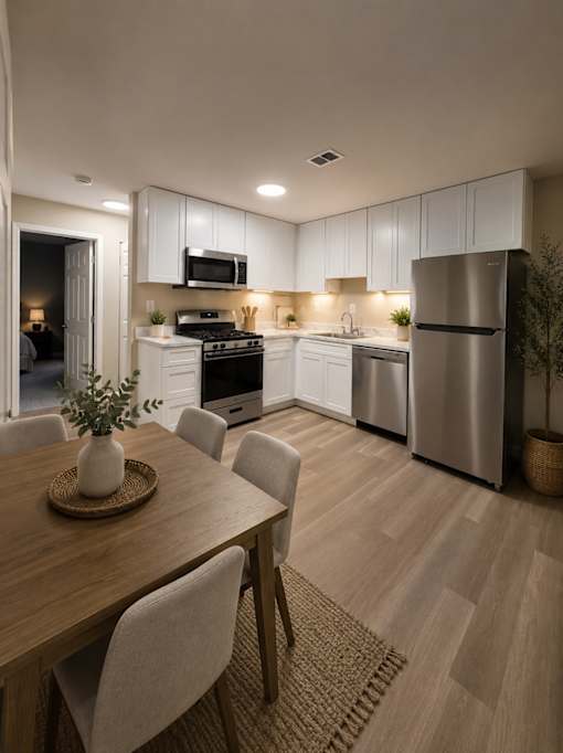 A modern kitchen with a dining table and chairs.