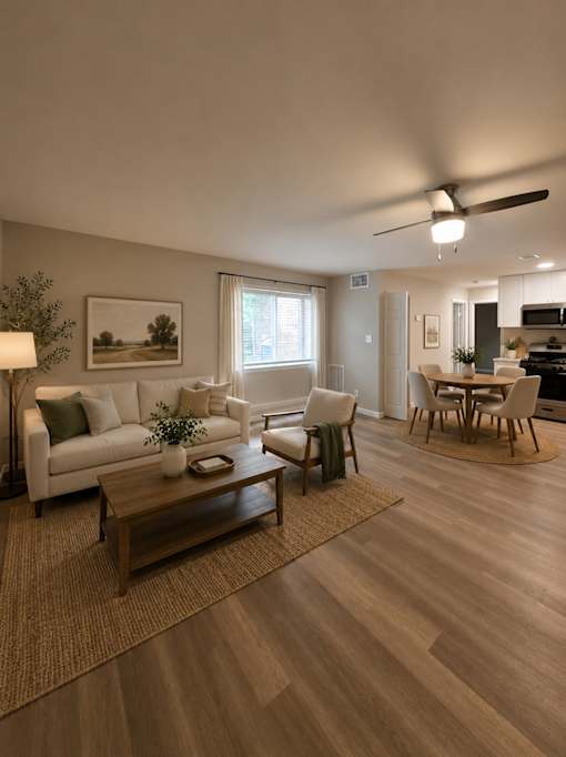 A living room with a white sofa, a wooden coffee table, and a ceiling fan.