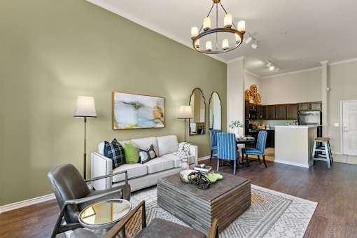 A living room with a white couch and a coffee table at Prairie Crossing, Farmers Branch, TX 75244