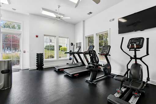 naturally lit fitness center with gym equipment  at Poplar Glen Apartments, Columbia, MD, 21044.