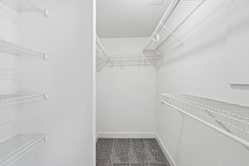 Walk-in closet with wire shelving systems at The Brook At Columbia Apartments, Columbia