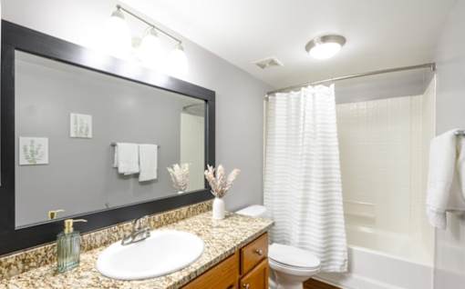 A bathroom with a sink, mirror, toilet, and shower.