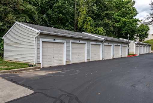 Row of private single car garages at Park at Winterset Apartments, Owings Mills, 21117