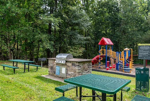 Outdoor picnic area with grills and playground at Park at Winterset Apartments, Owings Mills