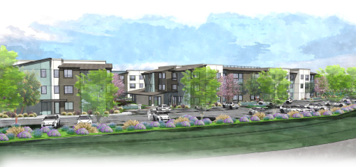 a rendering of a building with a parking lot