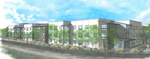 a rendering of a building with a green facade