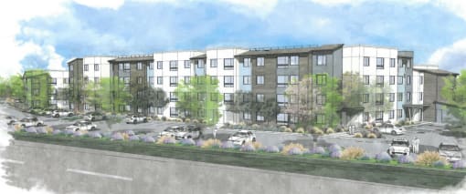 a rendering of an apartment building on a city street