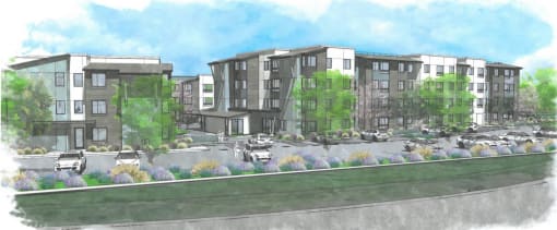 a rendering of a city street with buildings and trees