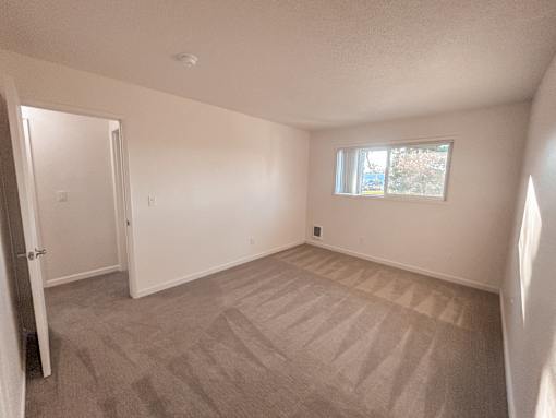 A room with a carpeted floor and a window.