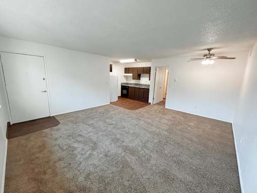 A room with a carpeted floor and a ceiling fan.