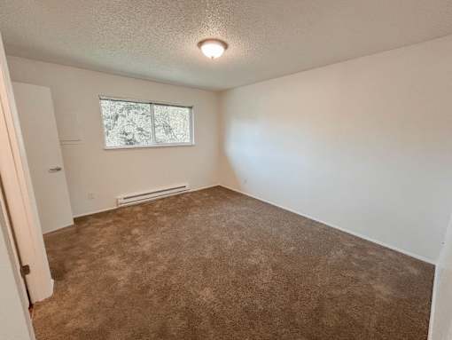 A room with a carpeted floor and a window.