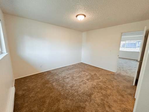 A room with brown carpet and white walls.