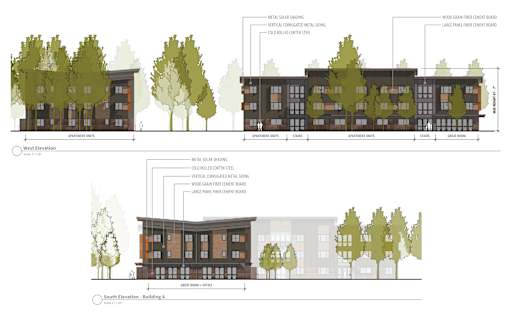 A drawing of a building with a front and side elevation view, showing the structure's design and the surrounding trees.