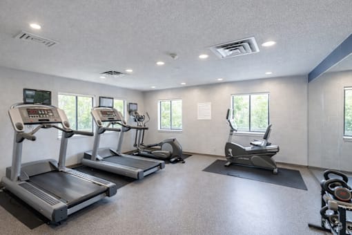 A gym with treadmills, elliptical machines, and a stationary bike.
