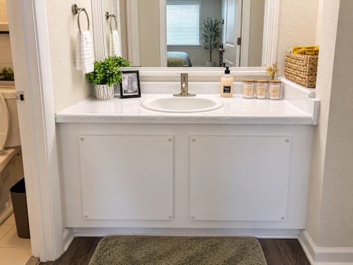 A bathroom with a white sink and a mirror above it.