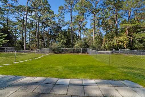 A backyard with a fence and a green lawn.