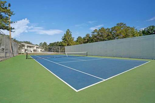 A tennis court with a blue surface and white lines.
