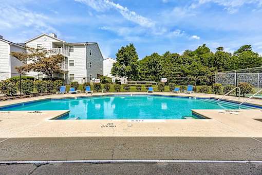 A swimming pool with the words at Sedgefield Square Apartments, Greensboro, 27407