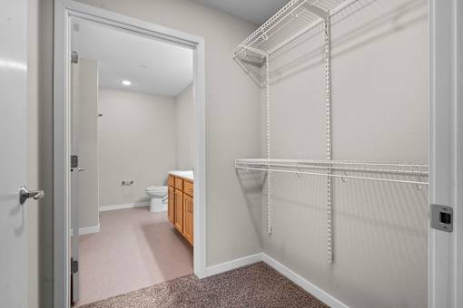 A walk through closet with a carpeted floor and a white door.