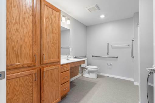 a bathroom with wooden cabinets and a toilet and a sink