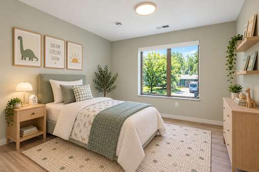 A bedroom with a bed, nightstand, and window.