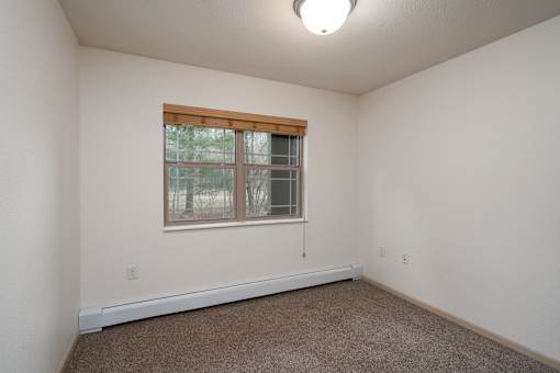 A room with a window and carpeted floor.