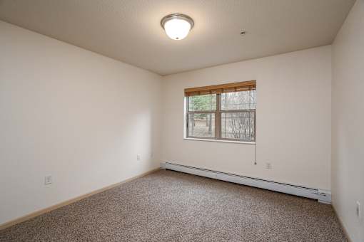 Primary bedroom with a carpeted floor, a window with a view of trees outside, and a ceiling light.
