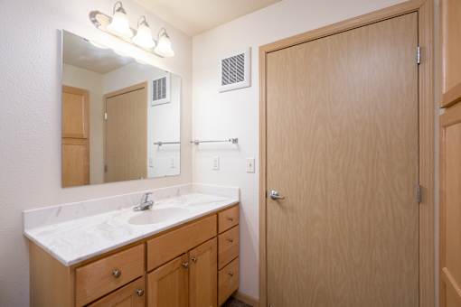 A bathroom with a sink, mirror, and wooden cabinets.