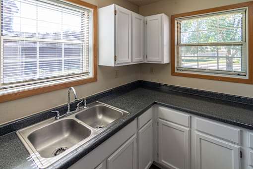 A kitchen with a double sink and white cabinets.