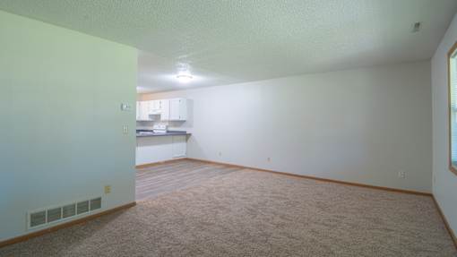 A room with a carpeted floor and a window.