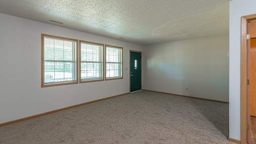 A room with a carpeted floor, a door, and a window with blinds.
