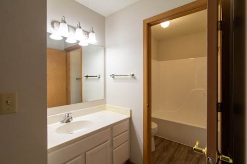 A bathroom with a sink, mirror, and toilet.