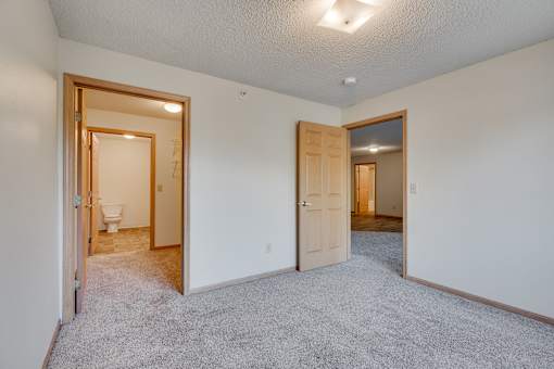 A bedroom with a carpeted floor and a walk-through closet to the bathroom.