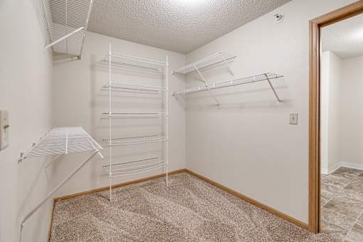 Large walk-in closet with shelves and carpeted floor.