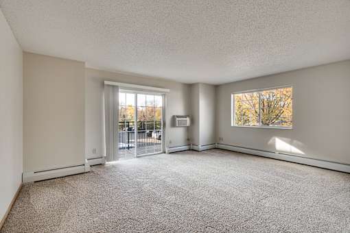 A living room with a carpeted floor and a view of trees outside.