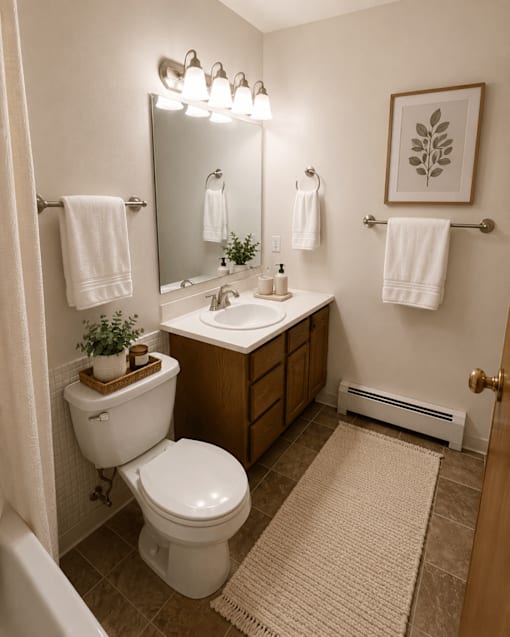 A bathroom with a toilet, sink, and mirror.