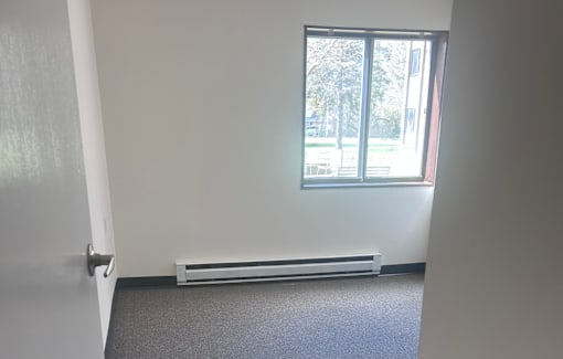 A room with a window and a radiator on the floor.