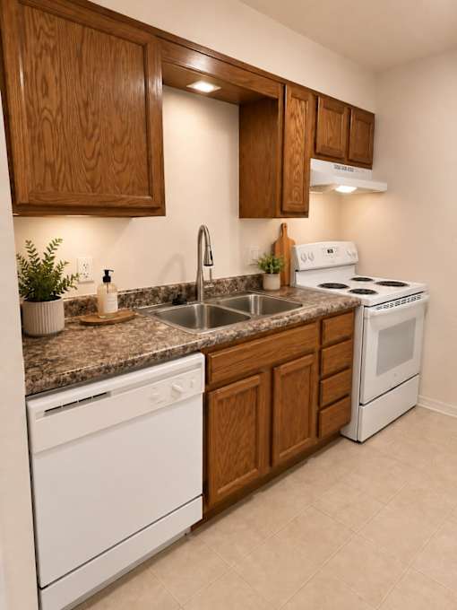 A kitchen with white appliances and wooden cabinets.