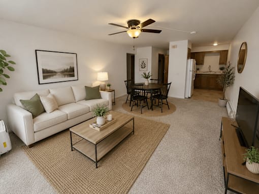A living room with a white couch, a coffee table, and a ceiling fan.