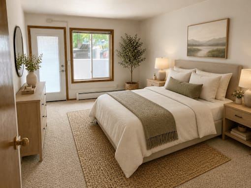 A bedroom with a large bed and a small tree.