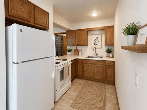 A white refrigerator is in a kitchen with wooden cabinets.