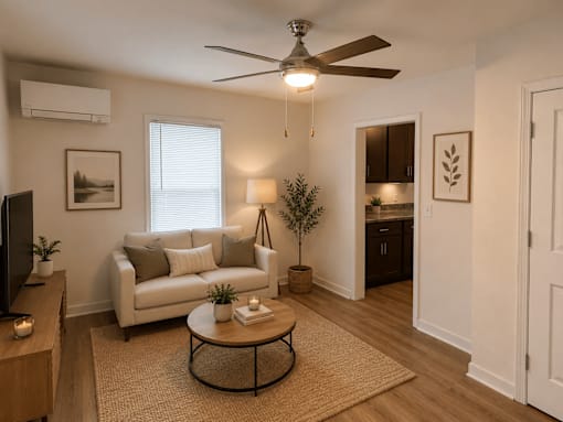A living room with a white couch, a ceiling fan, and a television.