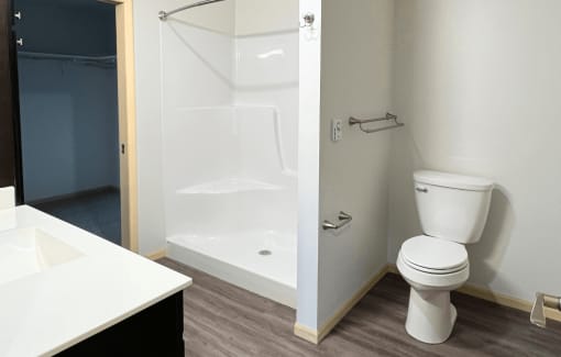 a bathroom with a shower and a toilet and a sink