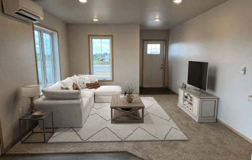 a living room with a couch and a television