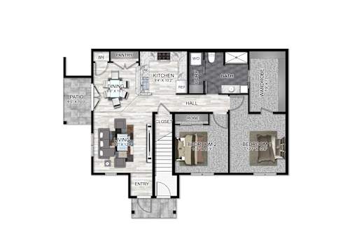 A floor plan of a house with a kitchen, living room, dining room, and two bedrooms.