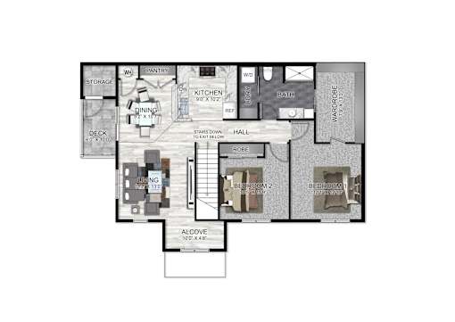 A floor plan of a house with a living room, two bedrooms, a kitchen, a bathroom, a pantry, a storage area, a deck, and an alcove.