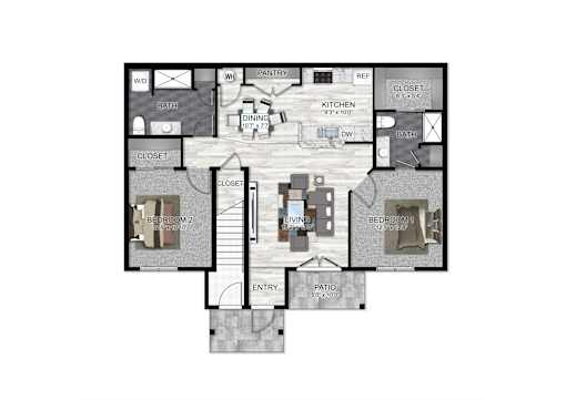 A floor plan of a house with two bedrooms, a living room, a kitchen, a dining room, a bathroom, a pantry, and a closet.